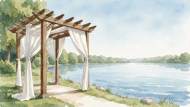 Watercolor illustration of a wooden pergola draped in white fabric beside a calm sunny lake