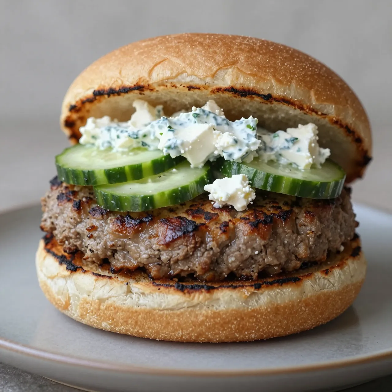 A grilled lamb burger topped with cucumber, feta and herb tzatziki sits on a toasted bun on a light gray plate.