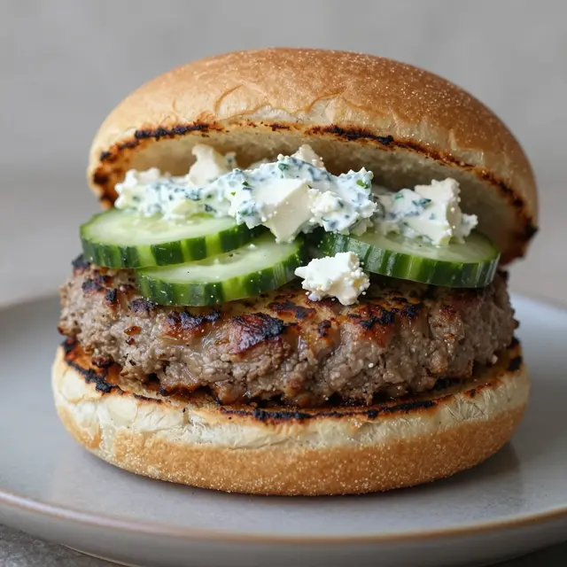 A grilled lamb burger topped with cucumber, feta and herb tzatziki sits on a toasted bun on a light gray plate.