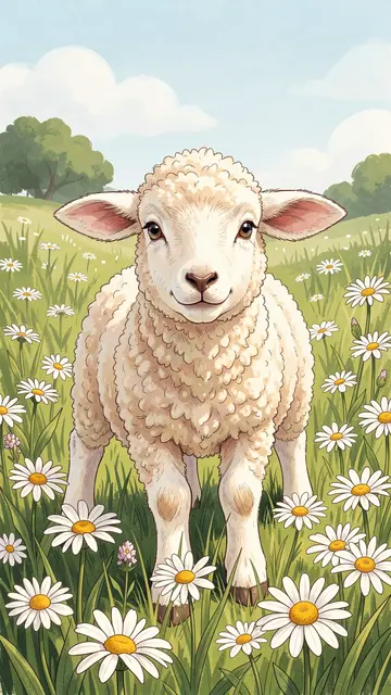 A fluffy lamb stands centered in a sunlit grassy field full of white daisies