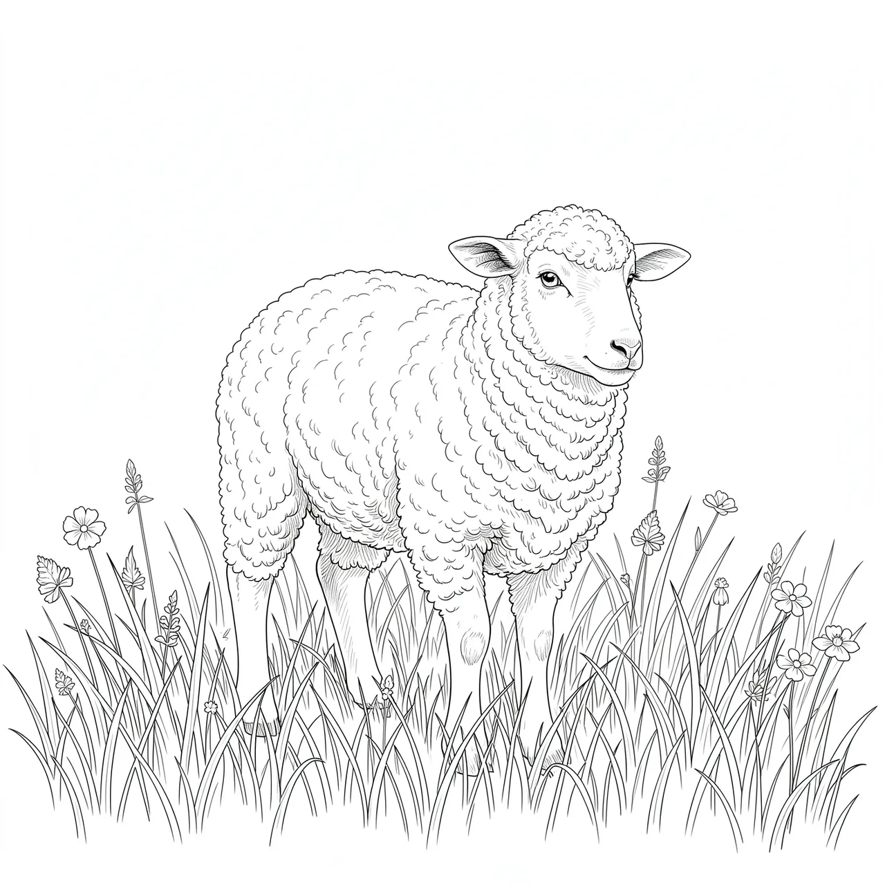 Fine line art of a woolly lamb standing among meadow grass and wildflowers on a white background