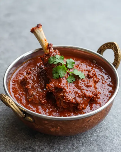 Lamb rogan josh in deep red sauce garnished with fresh coriander in an ornate copper bowl