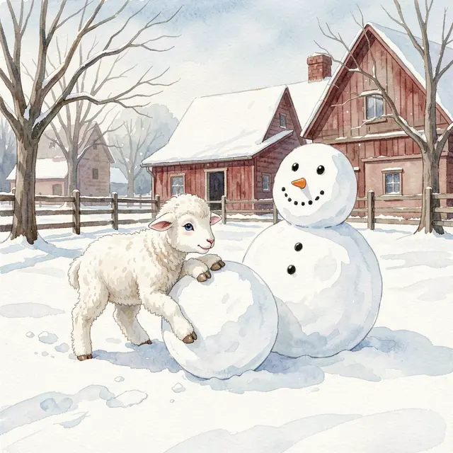 A cute white lamb pushes a snowball next to a finished snowman in a snowy winter farmyard