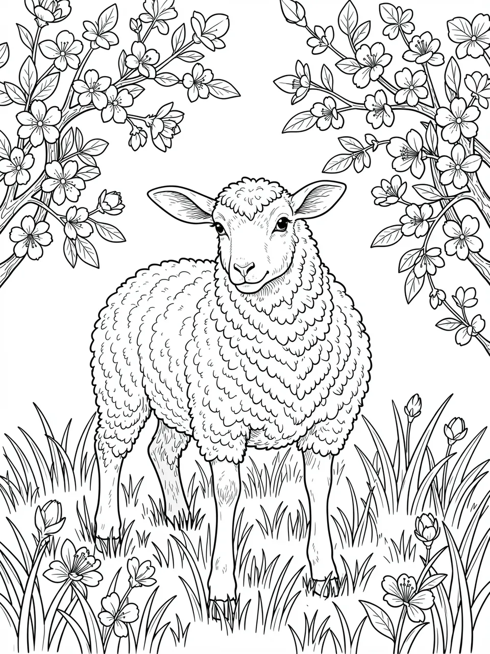 Black and white line art of a lamb standing in grass framed by blossoming tree branches, for a coloring page.