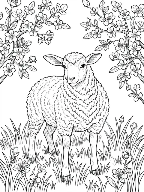 Black and white line art of a lamb standing in grass framed by blossoming tree branches, for a coloring page.