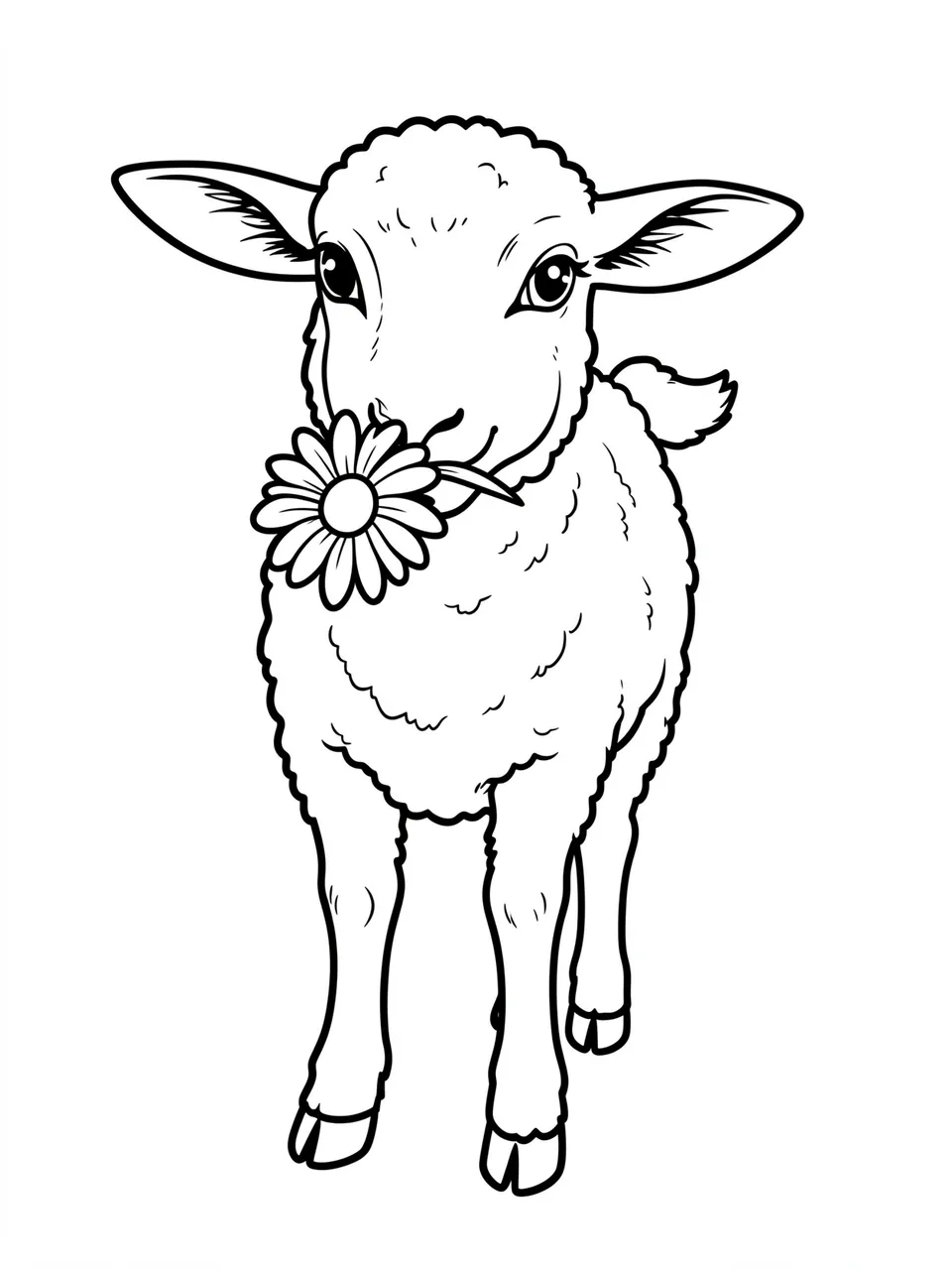 Black and white bold line art of a lamb holding a daisy in its mouth on a plain white background