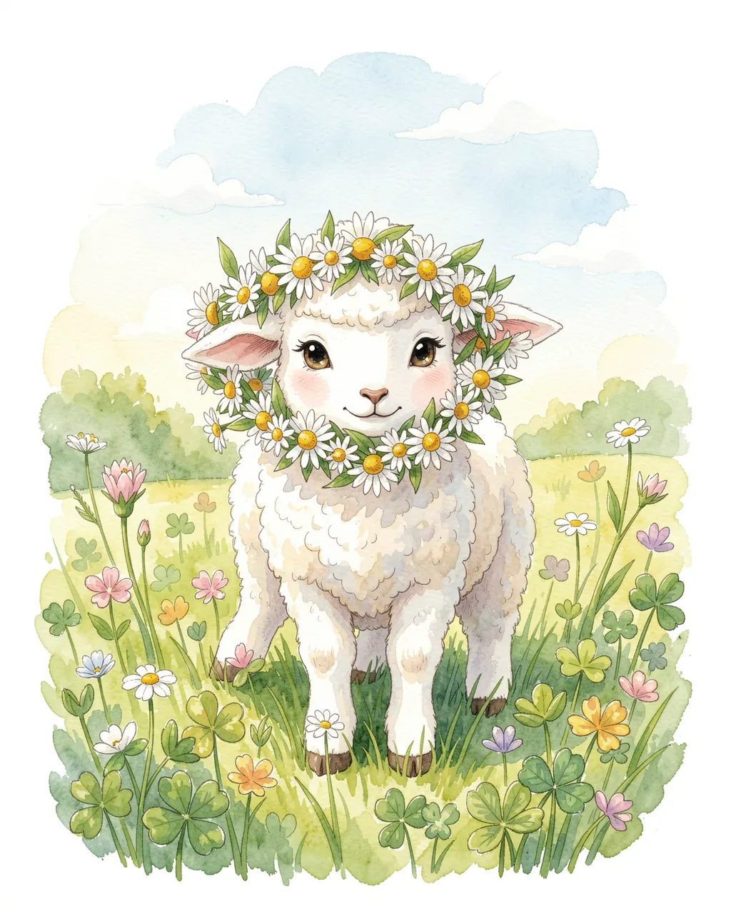 A cute fluffy lamb wearing daisy flower crowns stands in a sunny clover and wildflower field