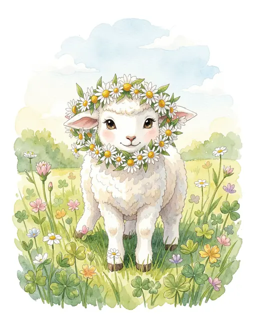 A cute fluffy lamb wearing daisy flower crowns stands in a sunny clover and wildflower field