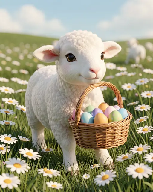 Cute fluffy 3D lamb carries a wicker basket of pastel Easter eggs standing in a sunlit daisy meadow