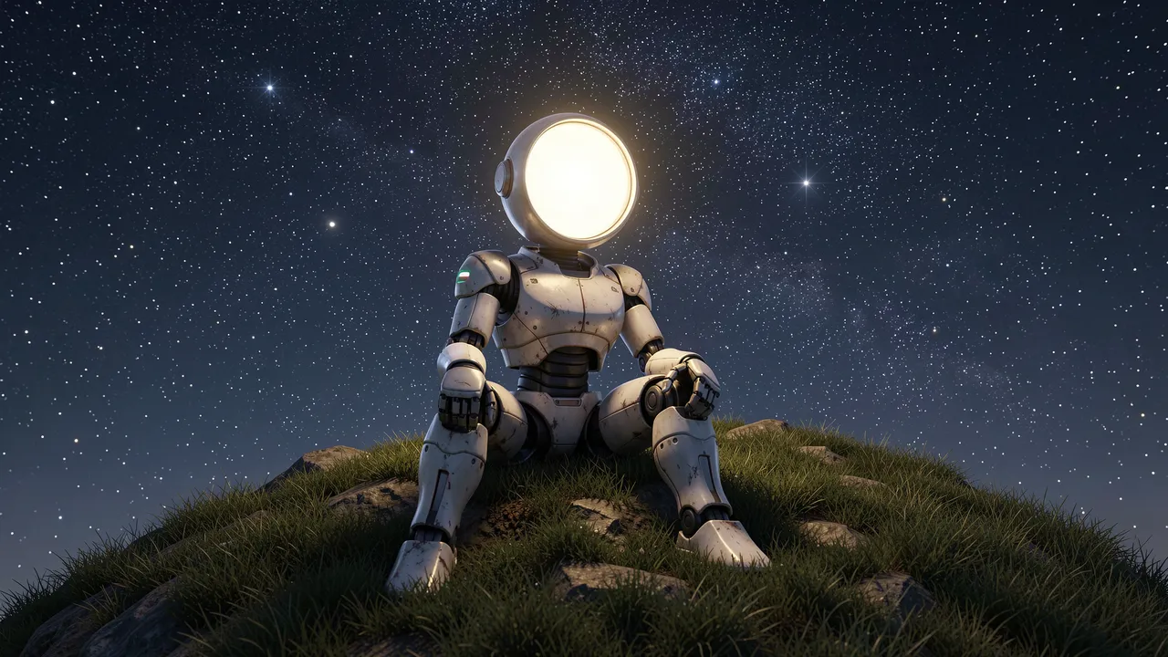 A white robot with a glowing round lamp head sits on a grassy hill beneath a star filled night sky