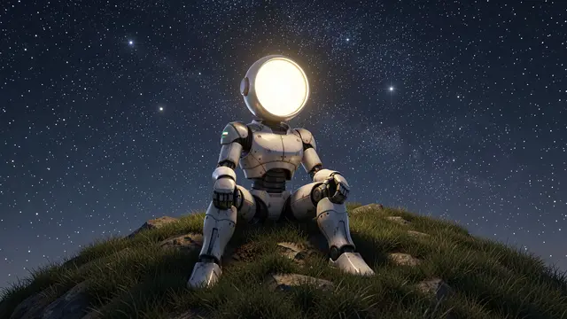 A white robot with a glowing round lamp head sits on a grassy hill beneath a star filled night sky