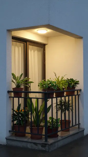 A small enclosed balcony corner lit by a ceiling lamp, lined with potted plants during cool rainy twilight.