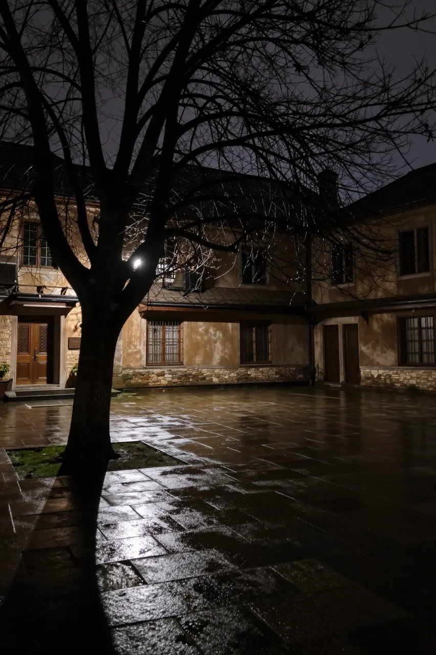 Wet flagstone courtyard with a bare leafless tree and old weathered stone buildings lit by lamplight after dark