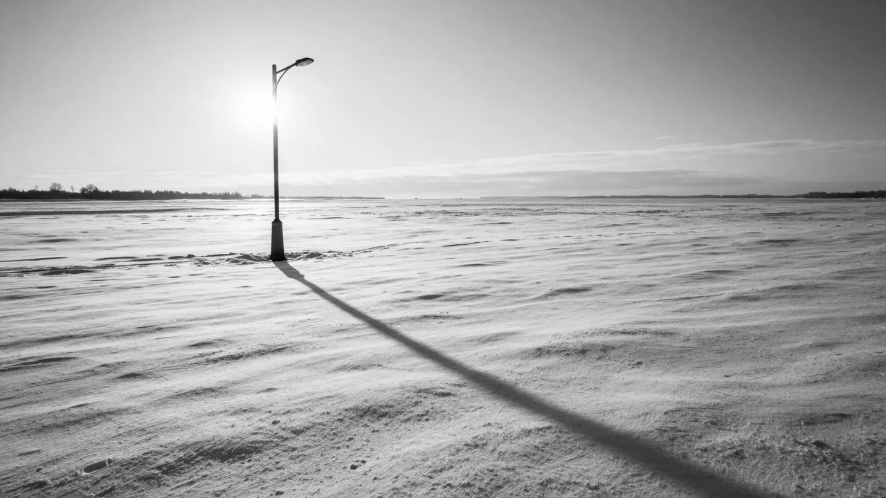A lone lamppost casts a long straight shadow across wide fresh snow at low sunset in black and white