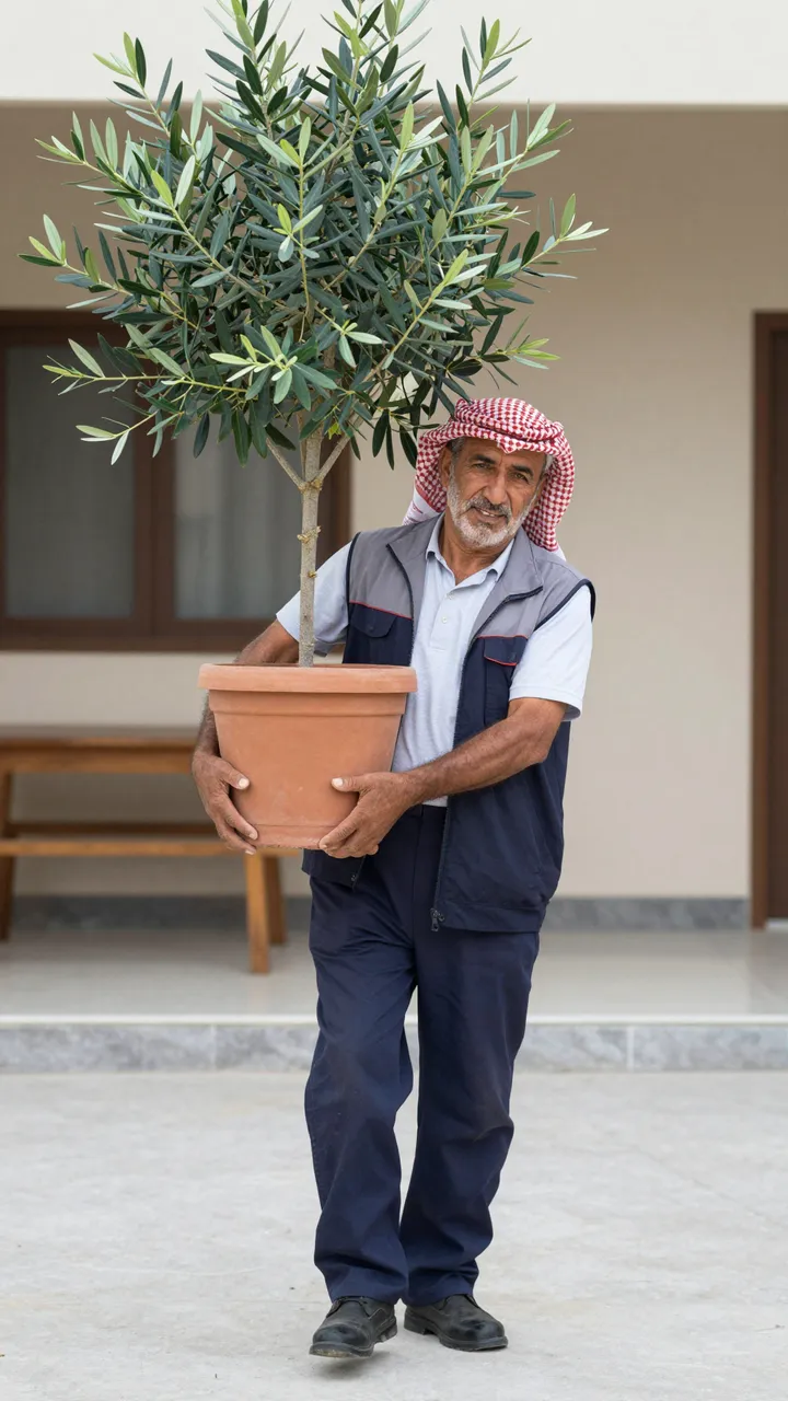 Senior Middle Eastern landscaper holds a potted olive tree while standing on an outdoor residential patio