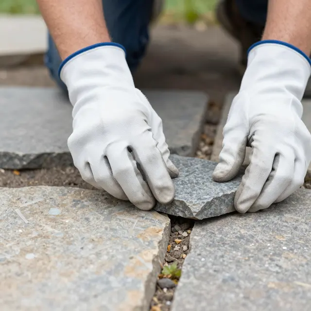 Gloved landscaper hands position a flat stone into a garden walkway gap.