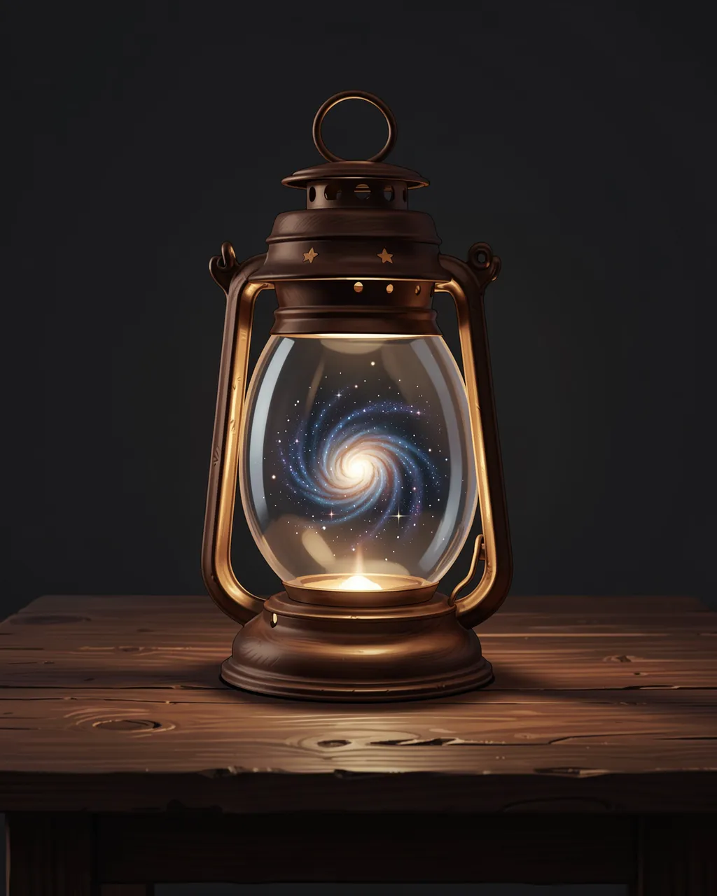 A vintage brass lantern containing a swirling galaxy rests on a dark wooden table against a dark background