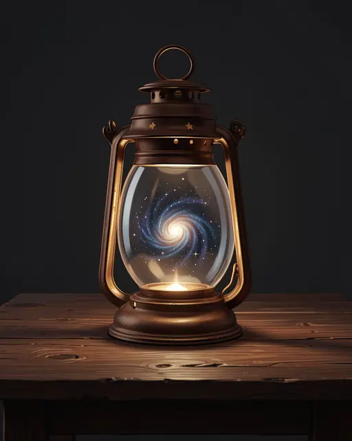A vintage brass lantern containing a swirling galaxy rests on a dark wooden table against a dark background