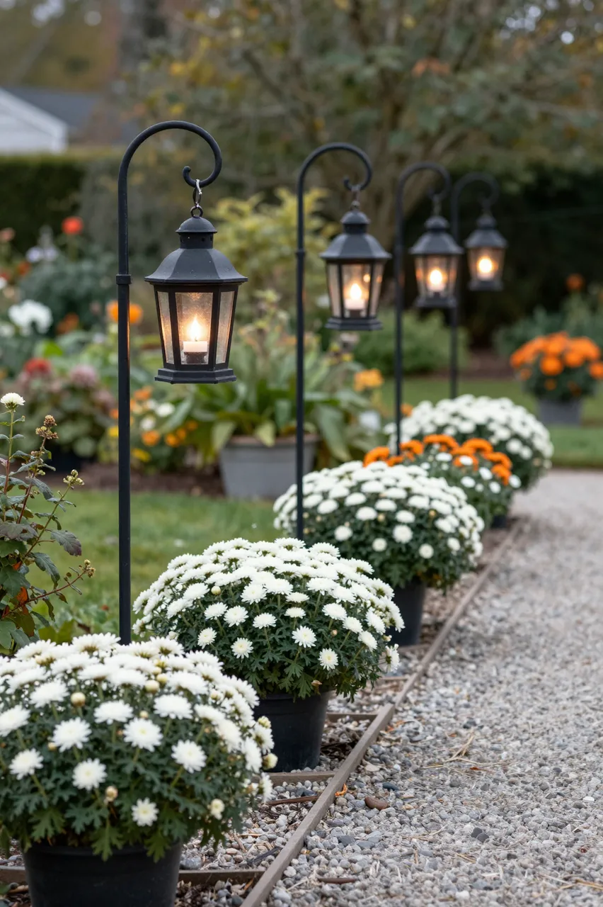 Lit black iron lanterns hang along a gravel path bordered with potted white and orange chrysanthemums