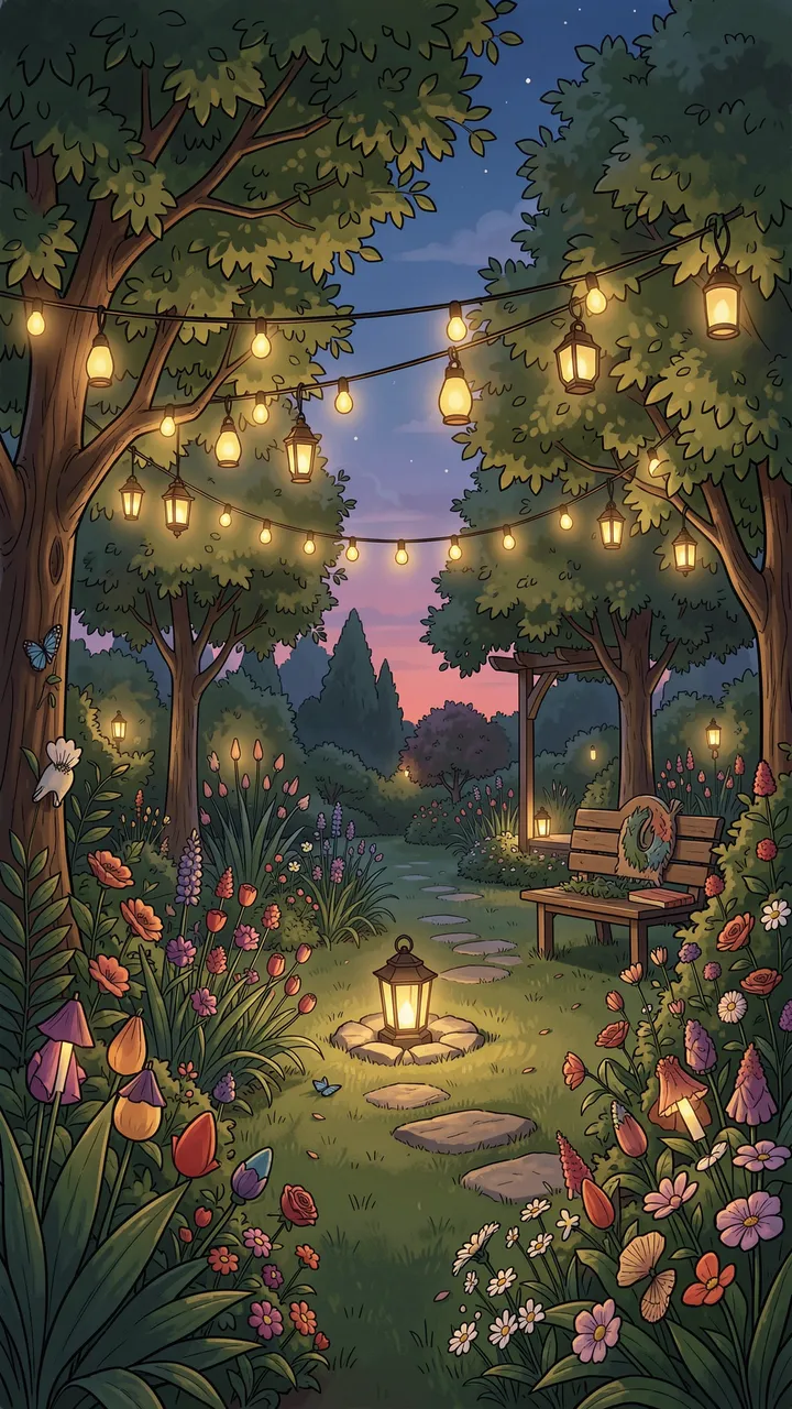 A storybook style illustration of a flower filled garden strung with glowing lanterns at twilight, no people present.