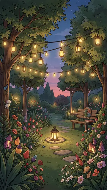 A storybook style illustration of a flower filled garden strung with glowing lanterns at twilight, no people present.