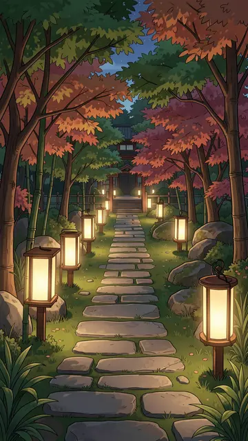 A vertical illustrated stone path lined with glowing lanterns leads through an autumn Japanese garden at dusk.