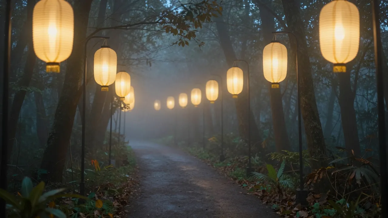 Warm glowing paper lanterns line a foggy dirt forest path at twilight