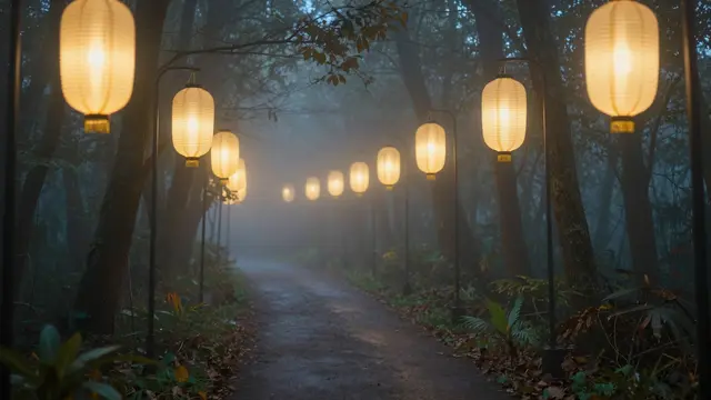 Warm glowing paper lanterns line a foggy dirt forest path at twilight