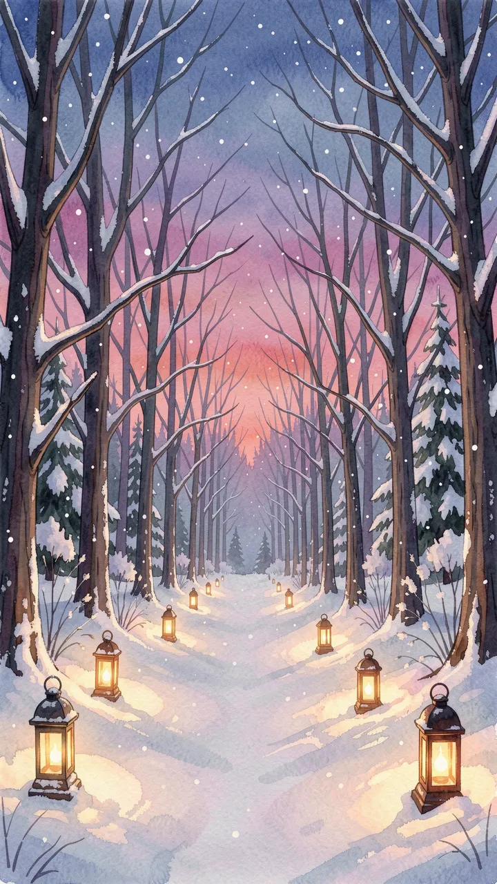 A snowy forest path lined with glowing lanterns stretches between snow dusted trees beneath a pastel twilight sky