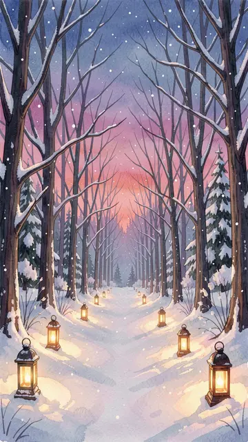 A snowy forest path lined with glowing lanterns stretches between snow dusted trees beneath a pastel twilight sky