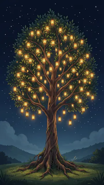 A solitary tree hung with glowing lanterns stands in a meadow under a starry night sky