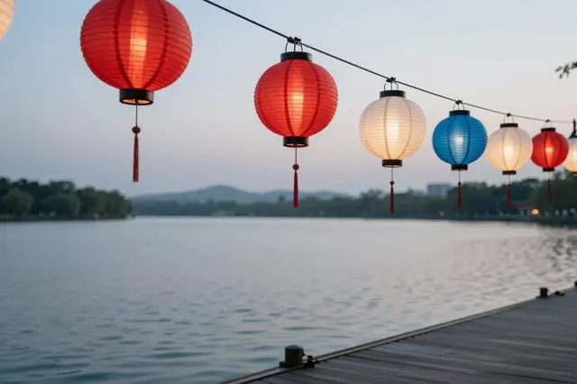 Lit red, white and blue paper lanterns hang over a wooden lakeside dock at soft dusk