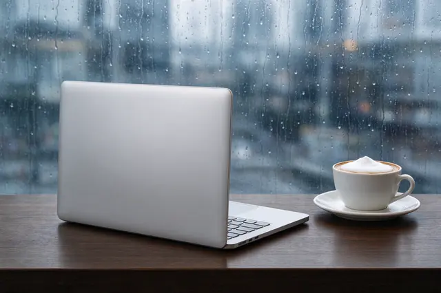 Silver open laptop sits on a wooden cafe table next to a frothy cappuccino, with rain streaks on the window behind.