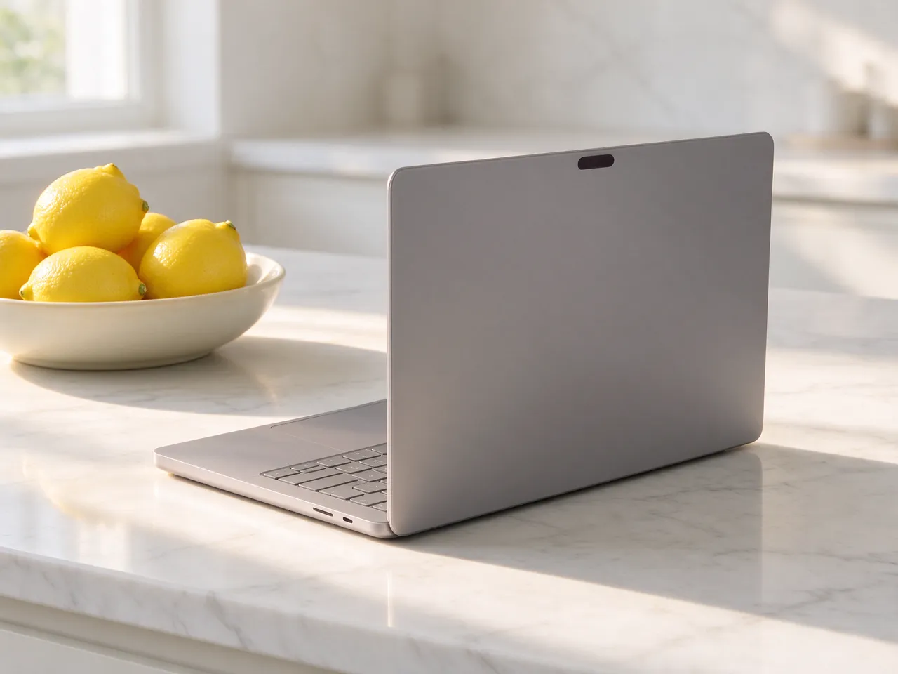 Silver open laptop sits beside a bowl of lemons on a white marble kitchen counter lit by warm morning sun