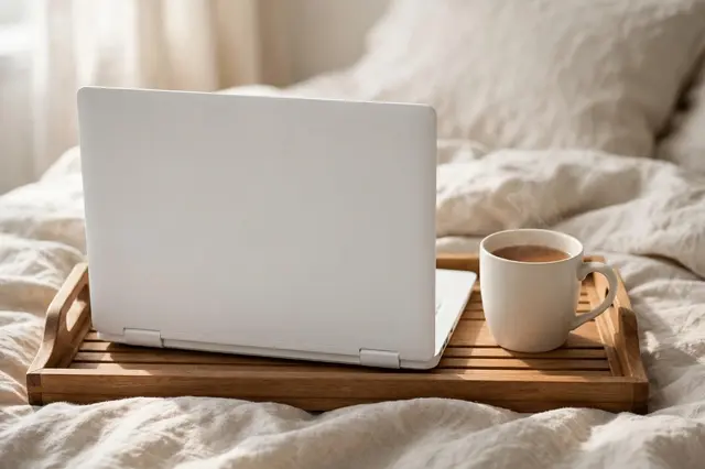 White laptop and steaming mug of tea sit on a wooden tray atop linen bedding in soft daylight