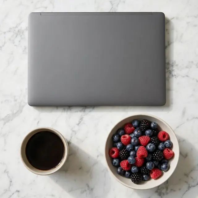 Overhead view of a closed gray laptop, coffee cup and berry bowl on white marble table