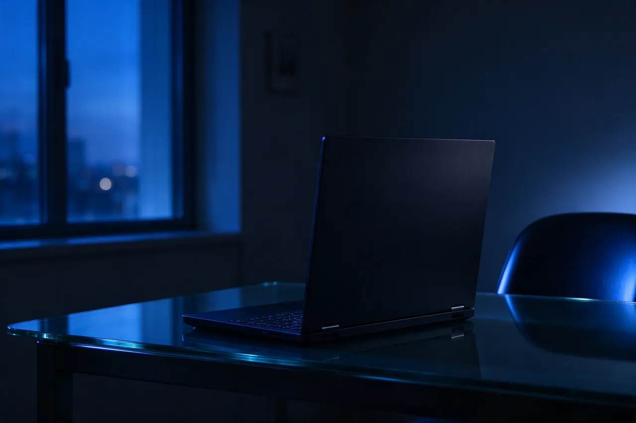 Open black laptop sits on a glass desk lit by blue evening light from a nearby window