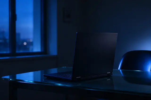 Open black laptop sits on a glass desk lit by blue evening light from a nearby window