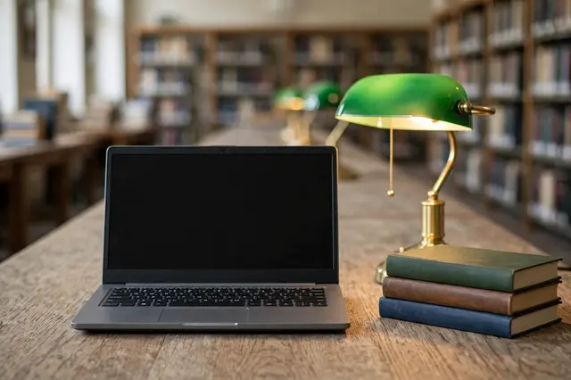 Open gray laptop sits on a long wooden library table beside a green banker lamp and stacked closed books