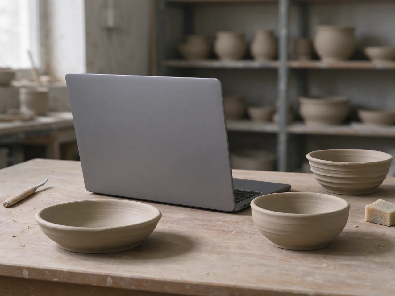 Open silver laptop sits on a wooden pottery workbench surrounded by unfired clay bowls and tools