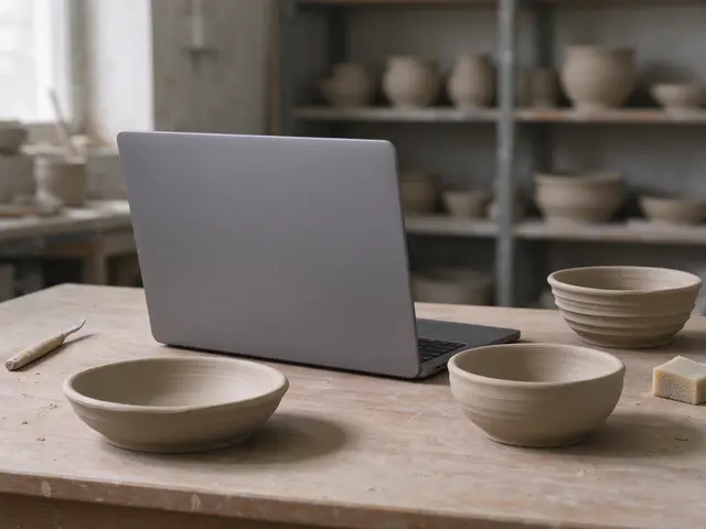 Open silver laptop sits on a wooden pottery workbench surrounded by unfired clay bowls and tools