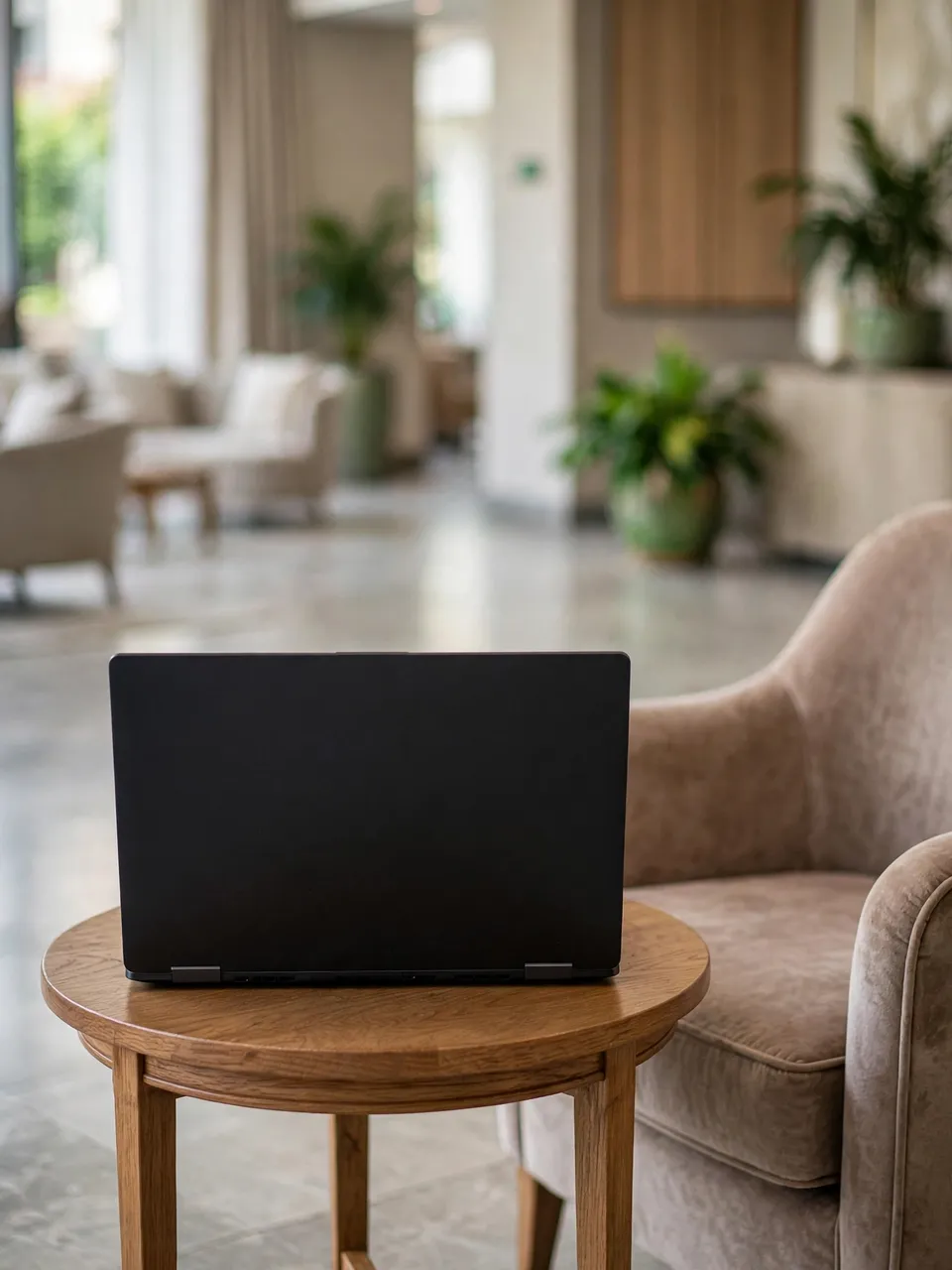 Black open laptop viewed from behind rests on a small wooden round table beside an upholstered armchair in a sunlit hotel