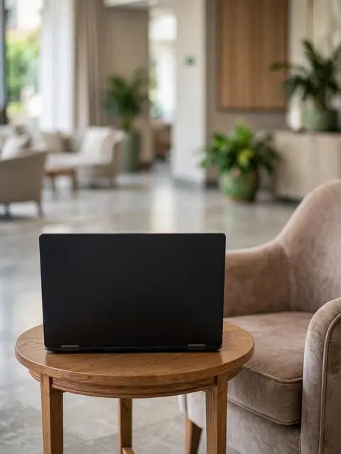 Black open laptop viewed from behind rests on a small wooden round table beside an upholstered armchair in a sunlit hotel
