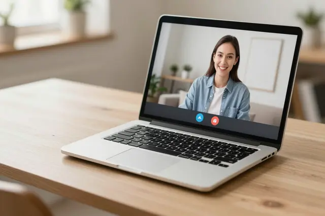 A silver laptop displaying a video call with a smiling woman sits on a light wooden home desk