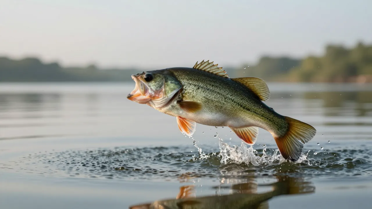 A largemouth bass with an open mouth leaps above a calm lake surface in a spray of water droplets at dawn.