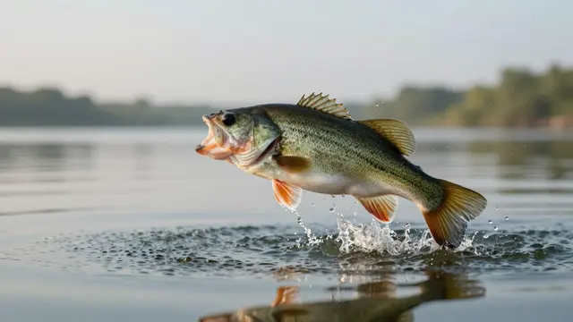 A largemouth bass with an open mouth leaps above a calm lake surface in a spray of water droplets at dawn.