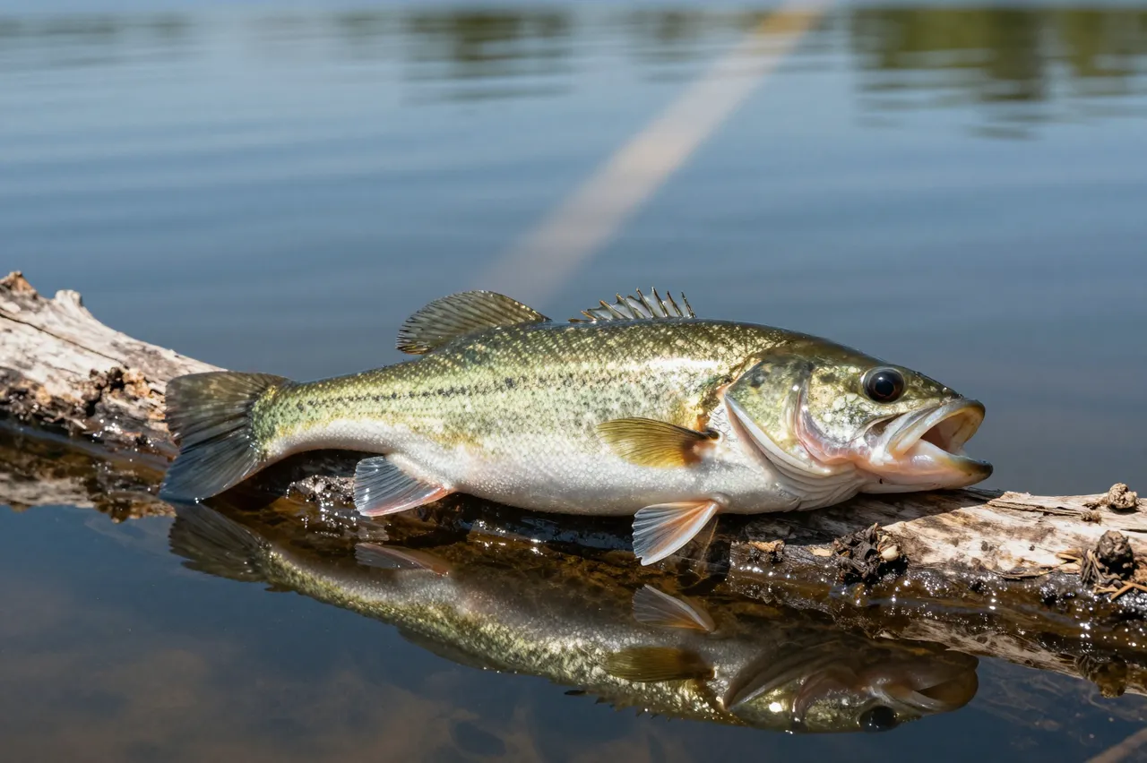 A largemouth bass rests on a weathered driftwood log over calm clear lake water with a sharp mirrored reflection.