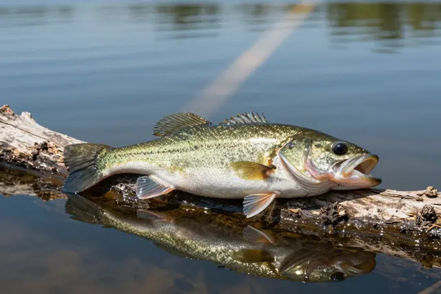 A largemouth bass rests on a weathered driftwood log over calm clear lake water with a sharp mirrored reflection.