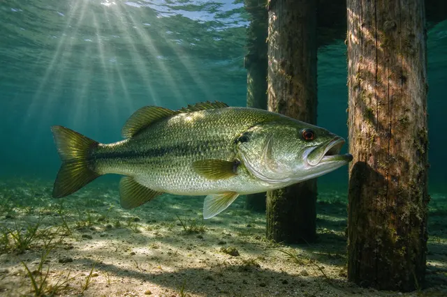 A largemouth bass swims near weathered wooden dock pilings as sunbeams filter through clear lake water.
