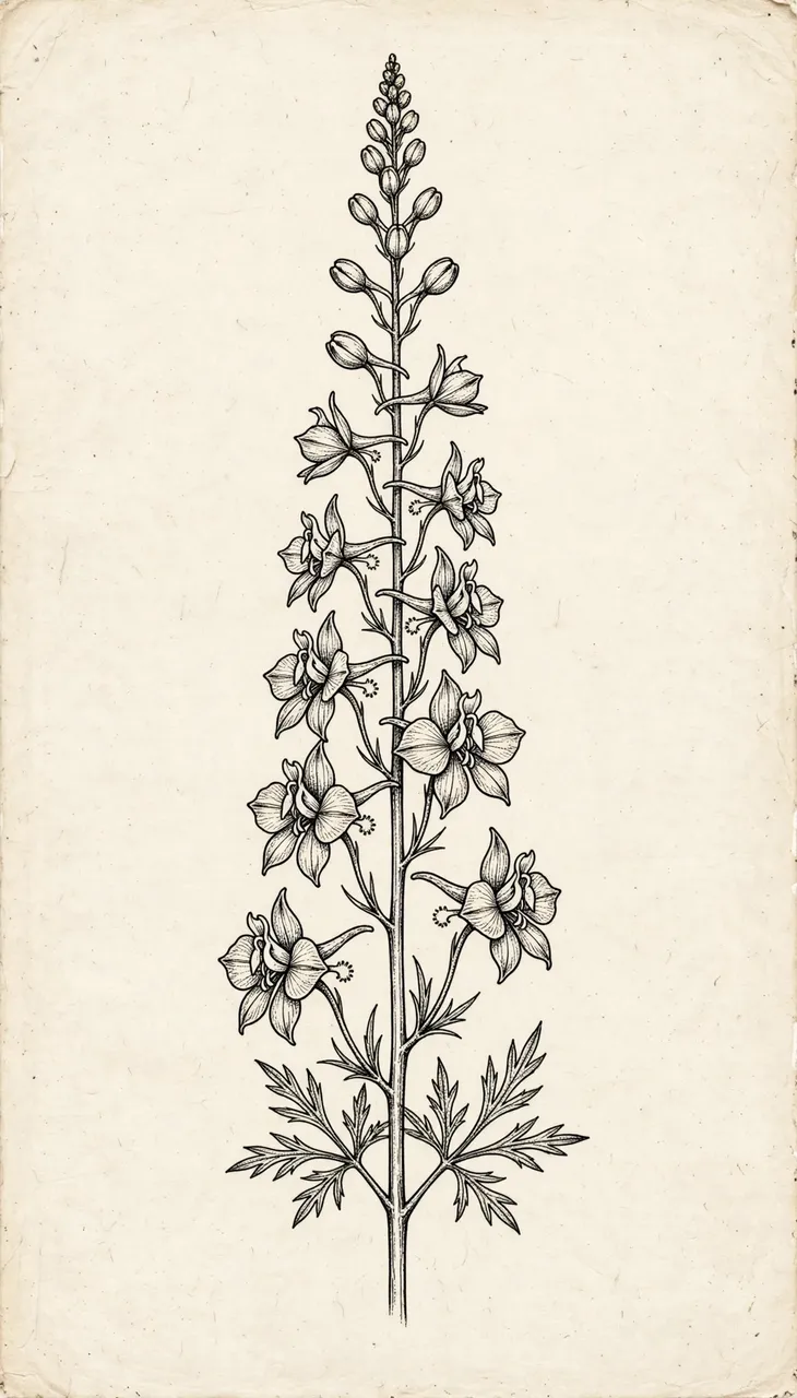 Fine black ink line art of a tall larkspur stem on textured ivory paper